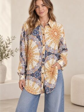 Boho Button-Up Shirt in Cream and Blue (090678) 🌼 ☀️
